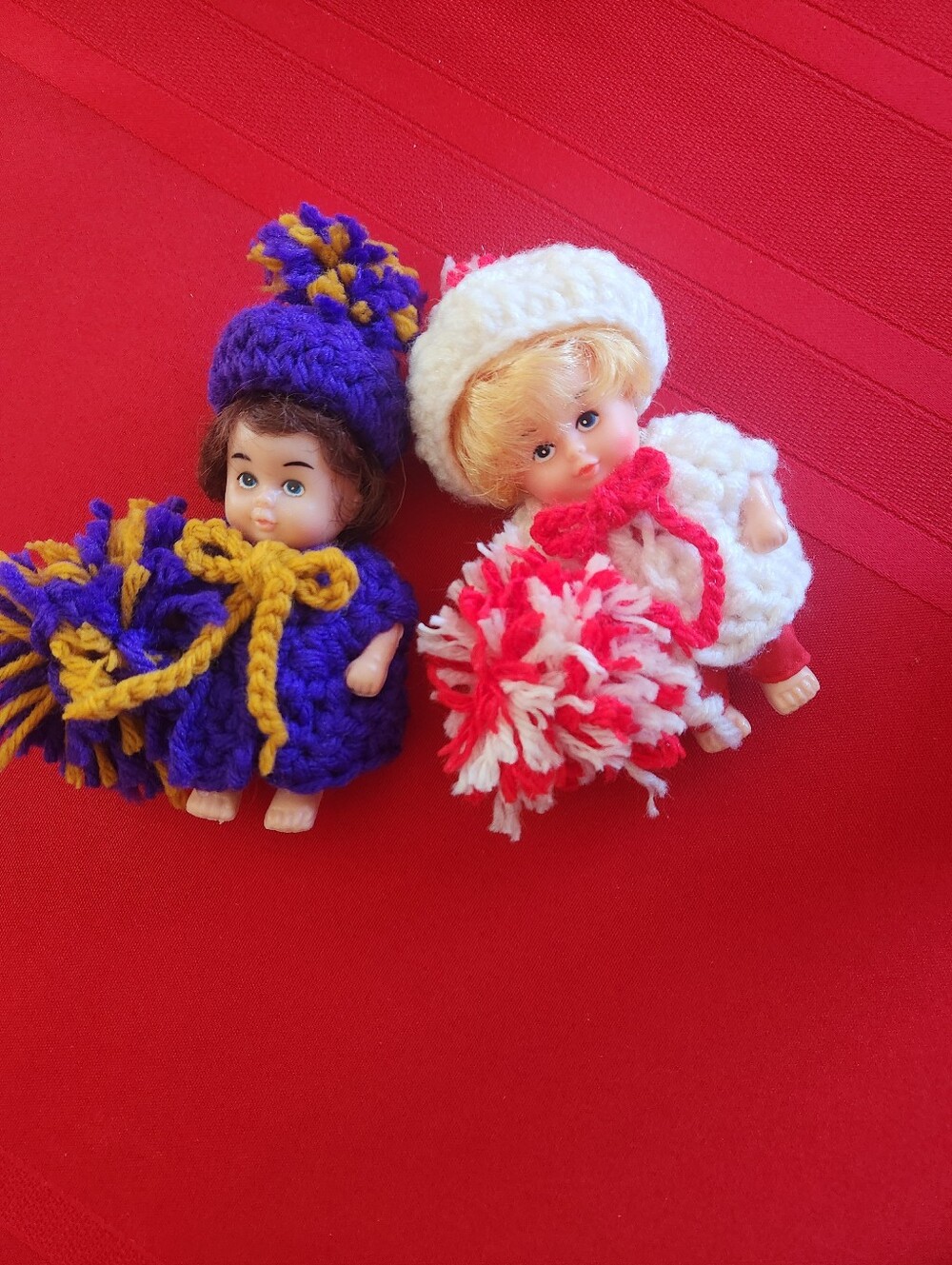 Pair of Mini Dolls with Handcrafted Pom Pom Outfits - Cal/Stanford Rivalry